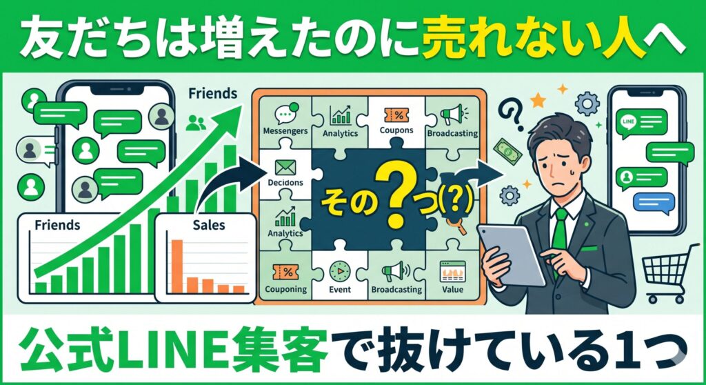 「友だちは増えたのに売れない人へ。公式LINE集客で抜けている1つ」というタイトルのブログアイキャッチ画像。上部に日本語テキスト。中央に欠けたパズルピースとクエスチョンマーク、周囲に「Friends（友だち数増加）」と「Sales（売上低迷）」のグラフ、悩むビジネスマン、スマートフォン、買い物かごが描かれている。