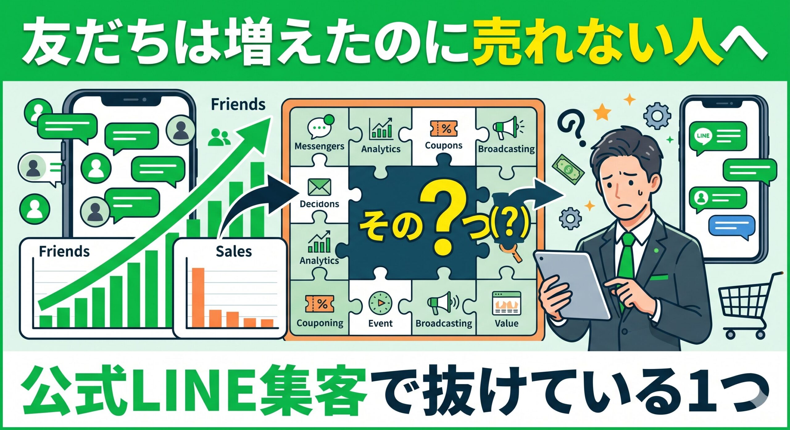 「友だちは増えたのに売れない人へ。公式LINE集客で抜けている1つ」というタイトルのブログアイキャッチ画像。上部に日本語テキスト。中央に欠けたパズルピースとクエスチョンマーク、周囲に「Friends（友だち数増加）」と「Sales（売上低迷）」のグラフ、悩むビジネスマン、スマートフォン、買い物かごが描かれている。