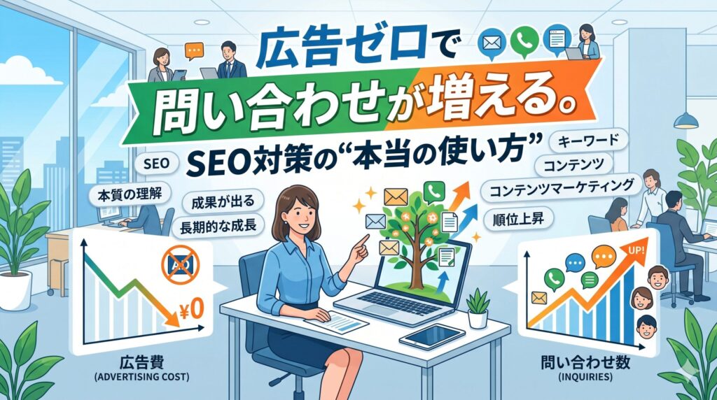 広告ゼロで問い合わせが増えるSEO対策の「本当の使い方」を示すアイキャッチ画像。広告費削減と問い合わせ数増加のグラフが描かれています。