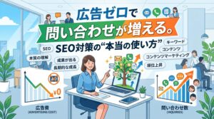 広告ゼロで問い合わせが増えるSEO対策の「本当の使い方」を示すアイキャッチ画像。広告費削減と問い合わせ数増加のグラフが描かれています。