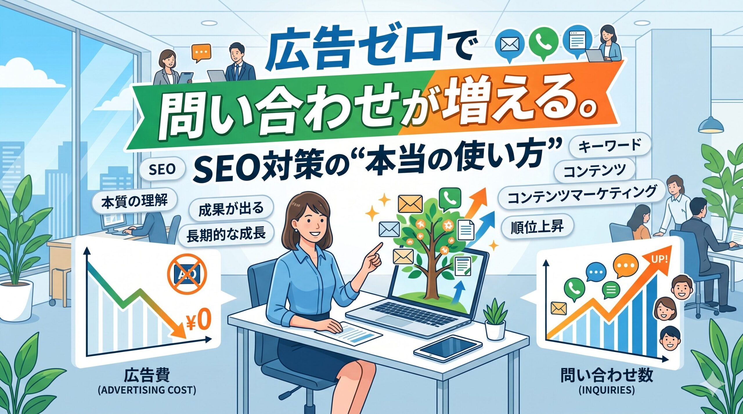 広告ゼロで問い合わせが増えるSEO対策の「本当の使い方」を示すアイキャッチ画像。広告費削減と問い合わせ数増加のグラフが描かれています。