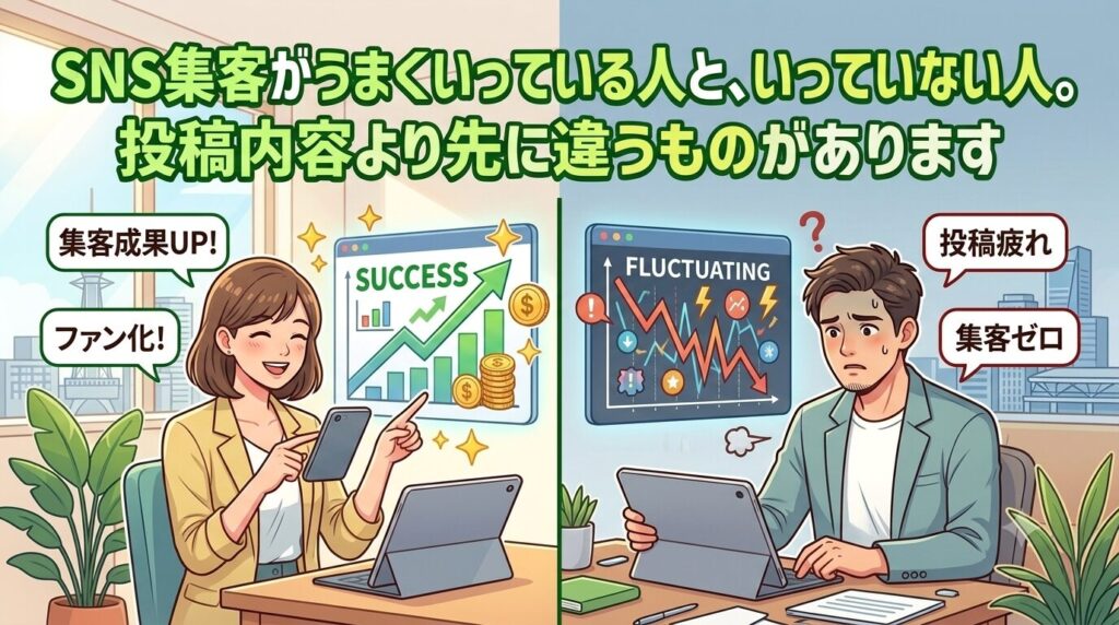 SNS集客で成果を出している人と出せていない人の違いを解説する記事用アイキャッチ。戦略を持って取り組む人と、投稿内容だけで悩む人を対比させたイラスト。