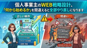 「個人事業主のWEB戦略設計、『何から始めるか』を間違えると全部やり直しになります」という文字が入ったブログ用アイキャッチ画像。画面が左右に分割されており、左側には「正しい順序（目的定義、コンセプト設計など）」で成功に向かうビジネスパーソン、右側には「間違い（とりあえずサイト制作、SNS闇雲投稿など）」によって土台が崩れ、やり直しを迫られて焦るビジネスパーソンのイラストが対比で描かれています。