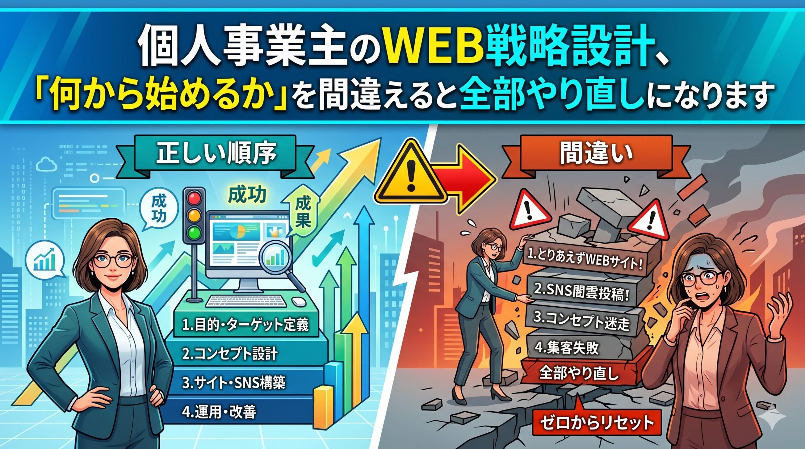 「個人事業主のWEB戦略設計、『何から始めるか』を間違えると全部やり直しになります」という文字が入ったブログ用アイキャッチ画像。画面が左右に分割されており、左側には「正しい順序（目的定義、コンセプト設計など）」で成功に向かうビジネスパーソン、右側には「間違い（とりあえずサイト制作、SNS闇雲投稿など）」によって土台が崩れ、やり直しを迫られて焦るビジネスパーソンのイラストが対比で描かれています。