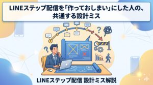 デスクでパソコンに向かい、LINEステップ配信の設計図を見ながら悩んでいるビジネスパーソンのイラスト。「LINEステップ配信を『作っておしまい』にした人の、共通する設計ミス」という文字が記載されている。