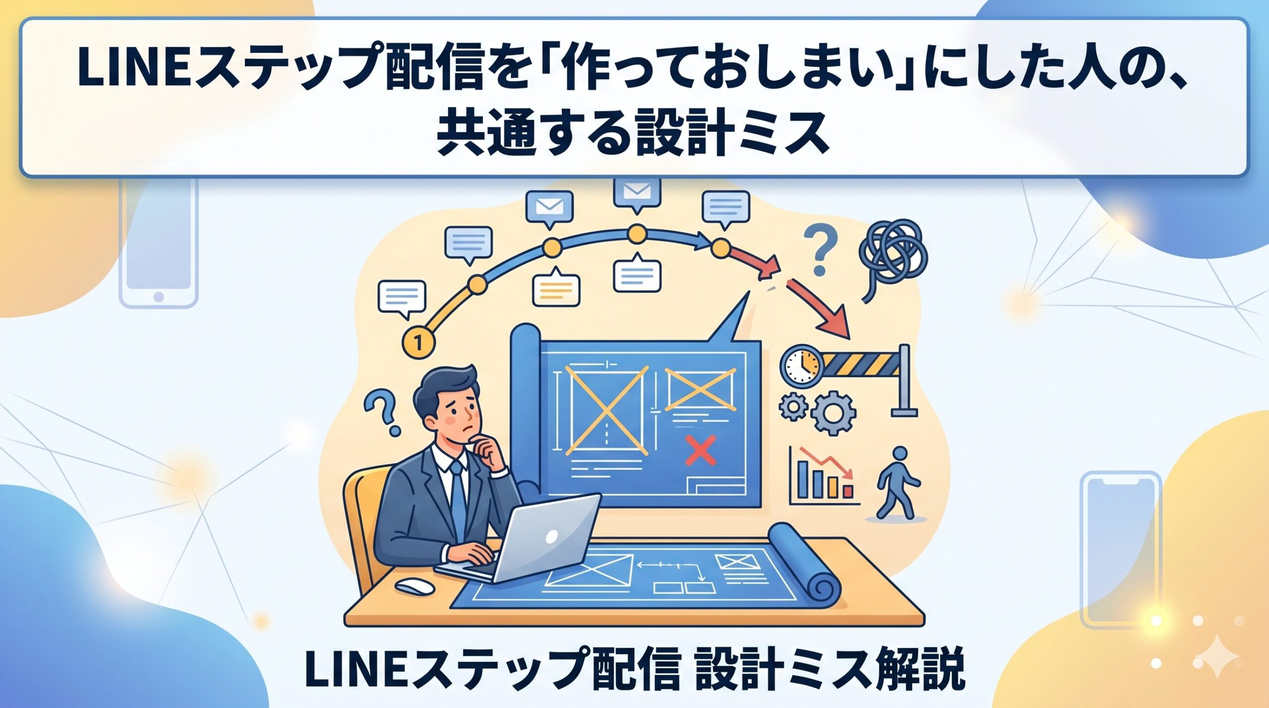 デスクでパソコンに向かい、LINEステップ配信の設計図を見ながら悩んでいるビジネスパーソンのイラスト。「LINEステップ配信を『作っておしまい』にした人の、共通する設計ミス」という文字が記載されている。
