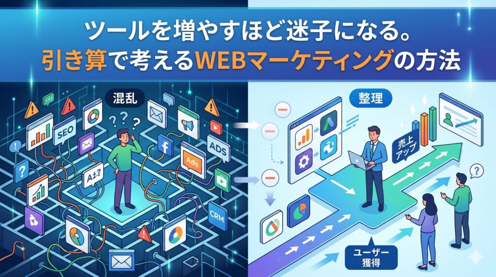 「ツールを増やすほど迷子になる。引き算で考えるWEBマーケティングの方法」というテキストが配置されたアイキャッチ画像。左側には多すぎるツールに囲まれて「混乱」する様子、右側には引き算思考でツールを「整理」し「売上アップ」へと向かう様子が対比して描かれています。