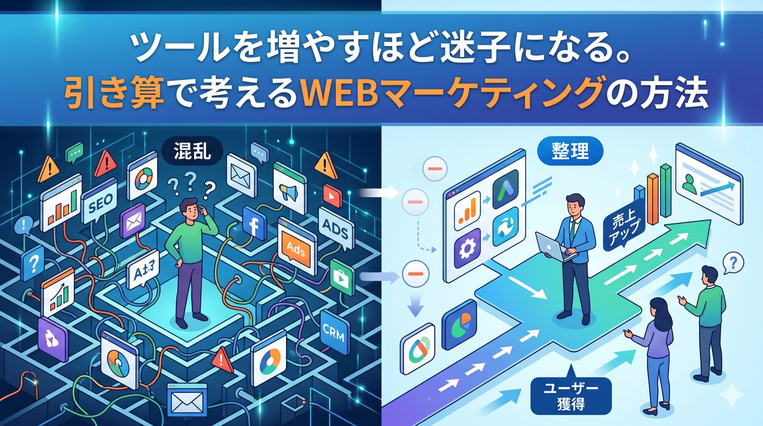 「ツールを増やすほど迷子になる。引き算で考えるWEBマーケティングの方法」というテキストが配置されたアイキャッチ画像。左側には多すぎるツールに囲まれて「混乱」する様子、右側には引き算思考でツールを「整理」し「売上アップ」へと向かう様子が対比して描かれています。