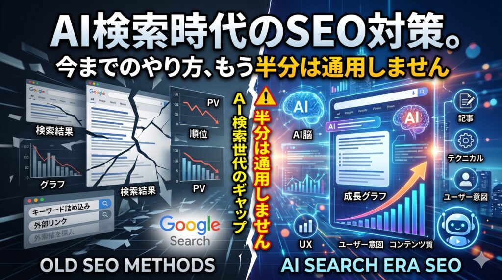「AI検索時代のSEO対策。今までのやり方、もう半分は通用しません」というテキストが配置された、従来のSEO手法（左）とAI時代の新しいSEO対策（右）を対比させているアイキャッチ画像。