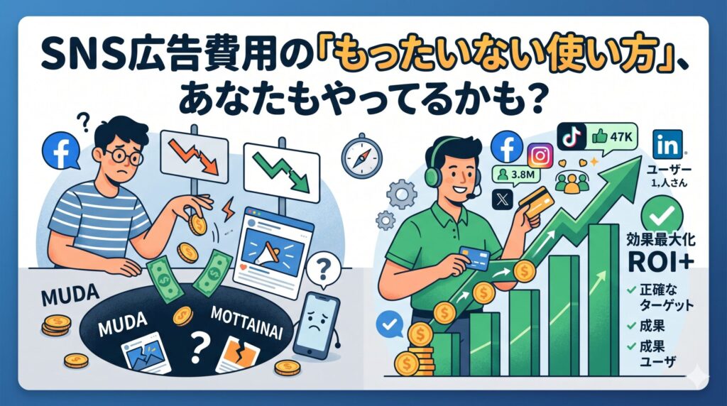 SNS広告費を無駄にして悩む担当者と、効果的なターゲティングでROI（投資収益率）を最大化し成果を上げる担当者を対比させた、「SNS広告費用の『もったいない使い方』」を表すイラスト