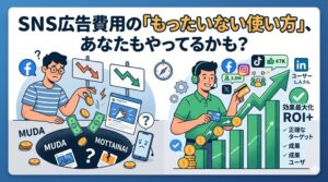 SNS広告費を無駄にして悩む担当者と、効果的なターゲティングでROI（投資収益率）を最大化し成果を上げる担当者を対比させた、「SNS広告費用の『もったいない使い方』」を表すイラスト