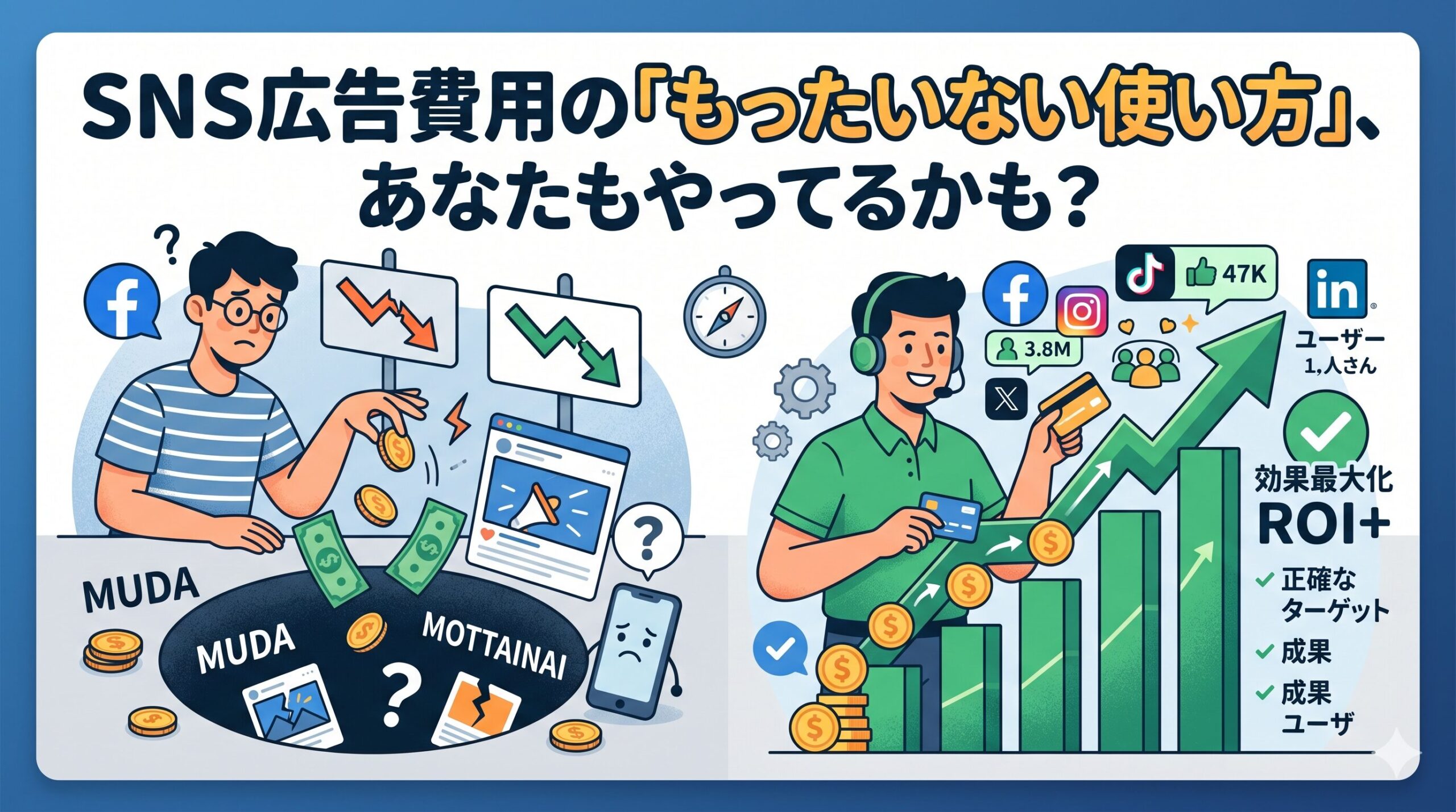 SNS広告費を無駄にして悩む担当者と、効果的なターゲティングでROI（投資収益率）を最大化し成果を上げる担当者を対比させた、「SNS広告費用の『もったいない使い方』」を表すイラスト