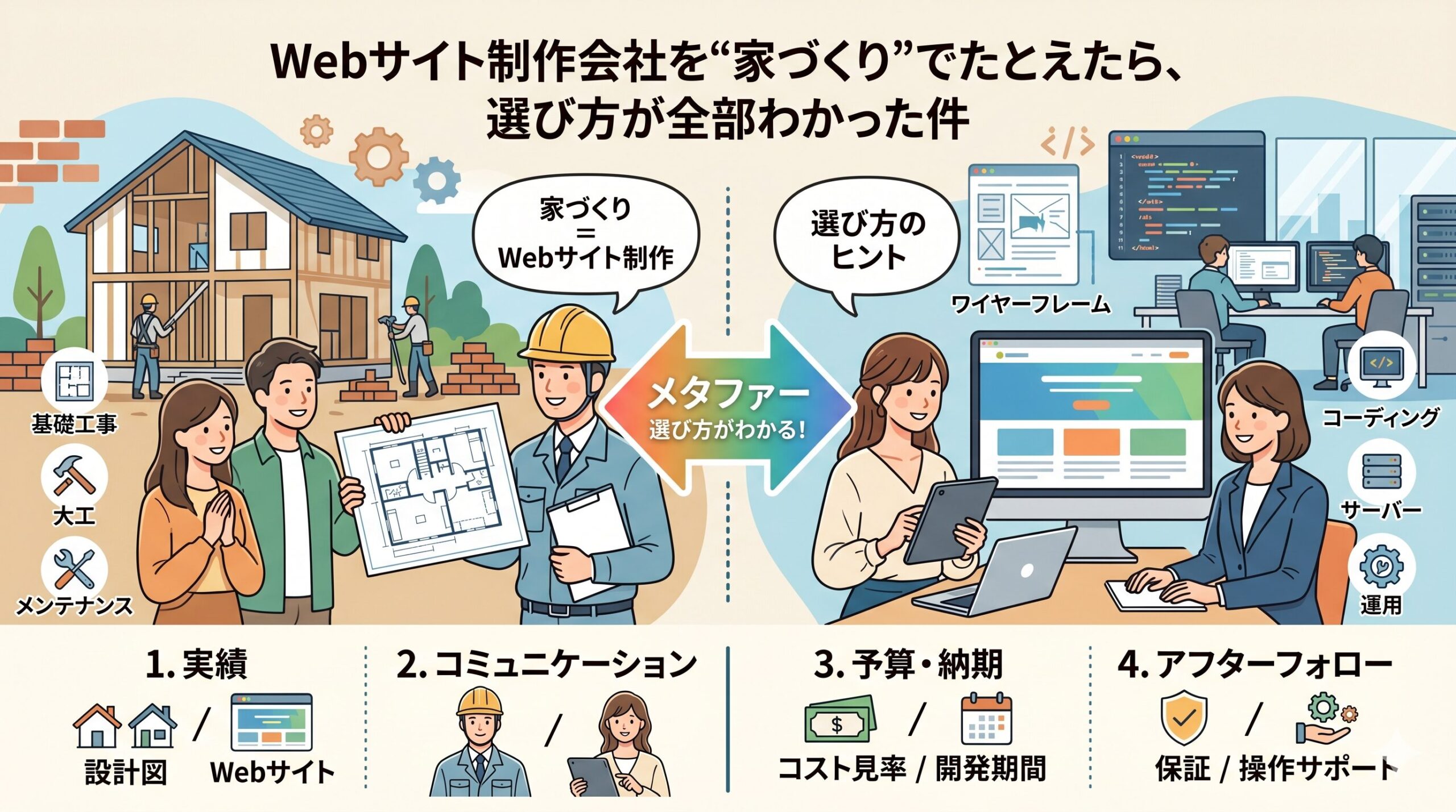 「Webサイト制作会社を"家づくり"でたとえたら、選び方が全部わかった件」というタイトルと、左側に「家づくり（建築現場と設計図）」、右側に「Webサイト制作（PCでの開発風景）」を描き、両者を対比させたイラスト。下部には実績、コミュニケーション、予算・納期、アフターフォローの4つの選定ポイントがまとめられています。
