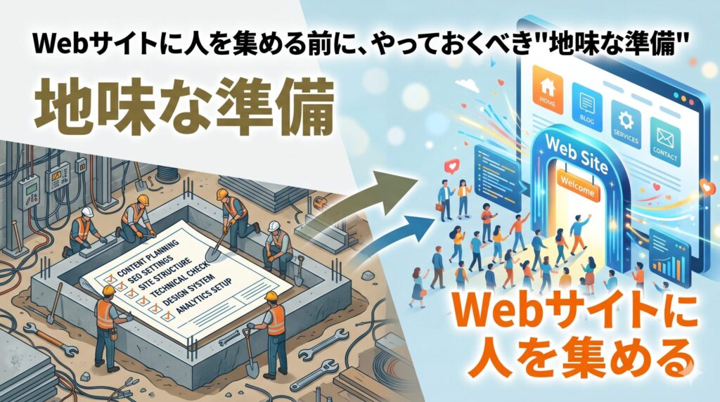 Webサイト集客に必要な「地味な準備」を建物の基礎工事に見立てたアイキャッチ画像