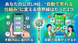 あなたの公式LINE、“自動で売れる仕組み”に変える境界線はたった1つのアイキャッチ画像。手動対応に追われる状態から自動で成果が上がる状態への変化を表しています。