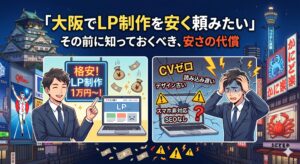 大阪でLP制作を格安で依頼しようとして喜ぶ男性と、その後に「CVゼロ」「スマホ非対応」「読み込み遅延」などのトラブルに見舞われて頭を抱える男性の様子を、大阪の街並みを背景に対比させたアイキャッチイラスト