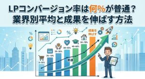 都会のビル群を背景に、様々な業界のコンバージョン率を示す棒グラフと、右肩上がりに成長するグラフを指し示すビジネスマンを描いたイラスト