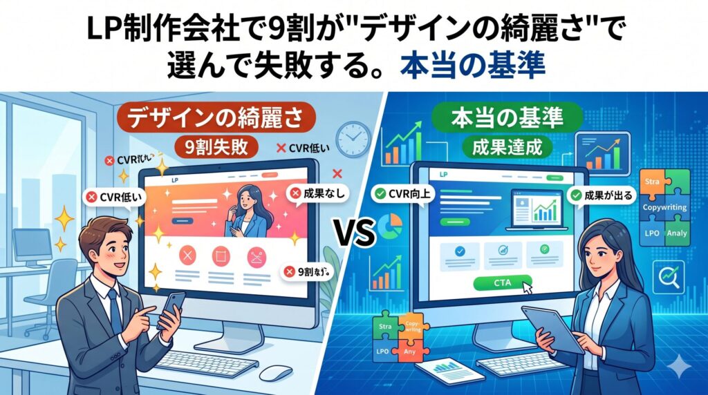 「LP制作会社で9割が"デザインの綺麗さ"で選んで失敗する。本当の基準」のアイキャッチ画像。左側は見た目重視でCVRが低く失敗する様子、右側はコピーライティングやLPOなどの戦略を軸に成果達成やCVR向上に導く本当の基準が対比されています。