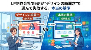 「LP制作会社で9割が"デザインの綺麗さ"で選んで失敗する。本当の基準」のアイキャッチ画像。左側は見た目重視でCVRが低く失敗する様子、右側はコピーライティングやLPOなどの戦略を軸に成果達成やCVR向上に導く本当の基準が対比されています。