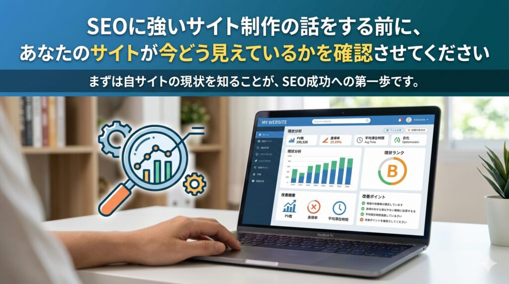 SEOに強いサイト制作の話をする前に、あなたのサイトが今どう見えているかを確認させてください。まずは自サイトの現状を知ることが、SEO成功への第一歩です。という文字が入った、ノートパソコンでWebサイトの分析画面を見ている男性のイラスト・写真のアイキャッチ画像。