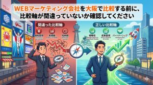 大阪の街並みを背景に、ビジネスパーソンが間違った方向を指す壊れたコンパスと、正しい方向を指す光る正確なコンパスを見比べているイラストさり。Webマーケティング会社を選ぶ際の比較軸の違いを表現しています。