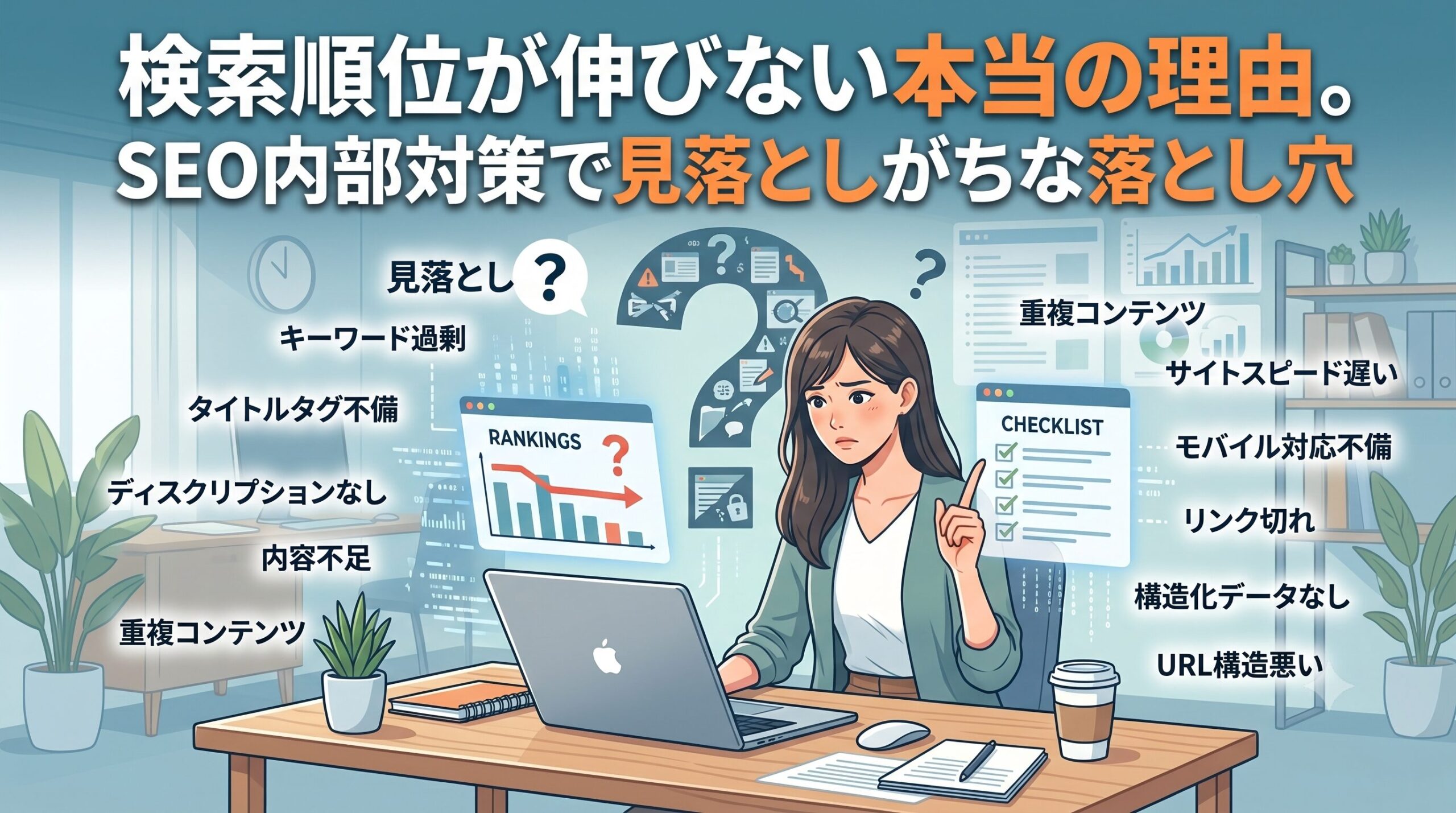 LP制作を「自作」するか「外注」するか悩む人々のイラストさり。左側に自作の特徴（時間や手間、スキルアップ）、右側に外注の特徴（スピードと品質、コスト）を配置し、判断基準を分かりやすく比較しています。