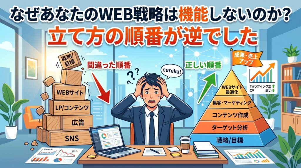 「なぜあなたのWEB戦略は機能しないのか？立て方の順番が逆でした」のテキストと、戦略を後回しにして崩れ落ちるブロック（間違った順番）と、戦略を土台にした安定したピラミッド（正しい順番）の図解を前に、頭を抱えるビジネスマンのイラスト