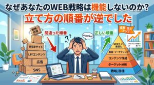 「なぜあなたのWEB戦略は機能しないのか？立て方の順番が逆でした」のテキストと、戦略を後回しにして崩れ落ちるブロック（間違った順番）と、戦略を土台にした安定したピラミッド（正しい順番）の図解を前に、頭を抱えるビジネスマンのイラスト
