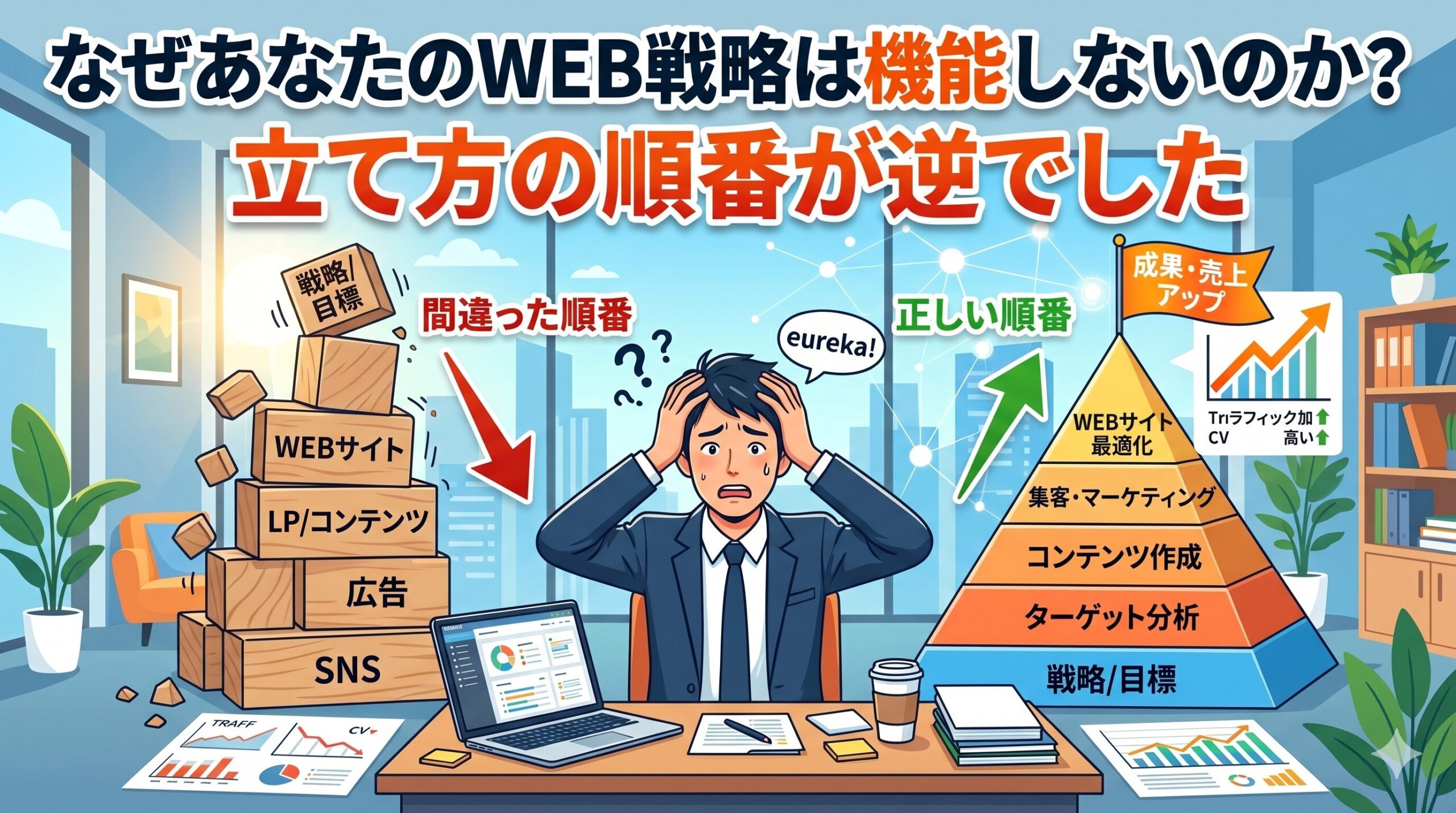 「なぜあなたのWEB戦略は機能しないのか？立て方の順番が逆でした」のテキストと、戦略を後回しにして崩れ落ちるブロック（間違った順番）と、戦略を土台にした安定したピラミッド（正しい順番）の図解を前に、頭を抱えるビジネスマンのイラスト
