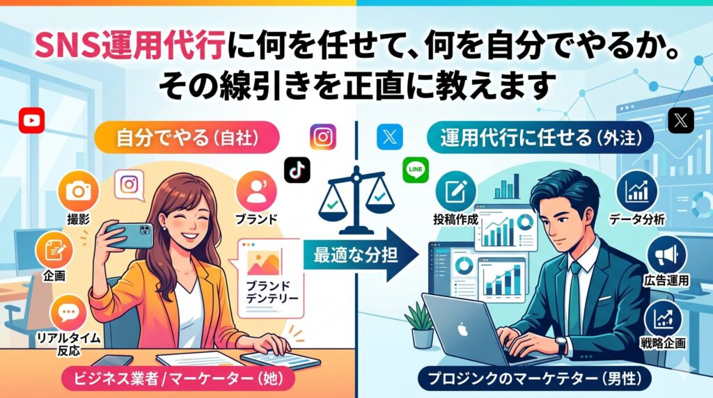 SNS運用における自社（自分でやる）と外注（運用代行）のタスク分担を示すイラスト。「SNS運用代行に何を任せて、何を自分でやるか。その線引きを正直に教えます」というタイトル文字と、自社で撮影やリアルタイム対応を行う女性、データ分析や広告運用を代行する男性が天秤を挟んで描かれています。