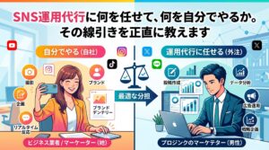 SNS運用における自社（自分でやる）と外注（運用代行）のタスク分担を示すイラスト。「SNS運用代行に何を任せて、何を自分でやるか。その線引きを正直に教えます」というタイトル文字と、自社で撮影やリアルタイム対応を行う女性、データ分析や広告運用を代行する男性が天秤を挟んで描かれています。