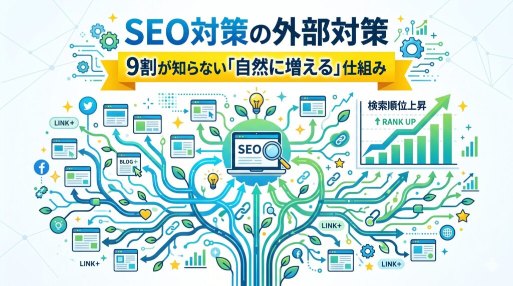 SEO対策の外部対策で被リンクやSNSでの言及が自然に増え、検索順位が上昇していく仕組みを表した図解イラスト