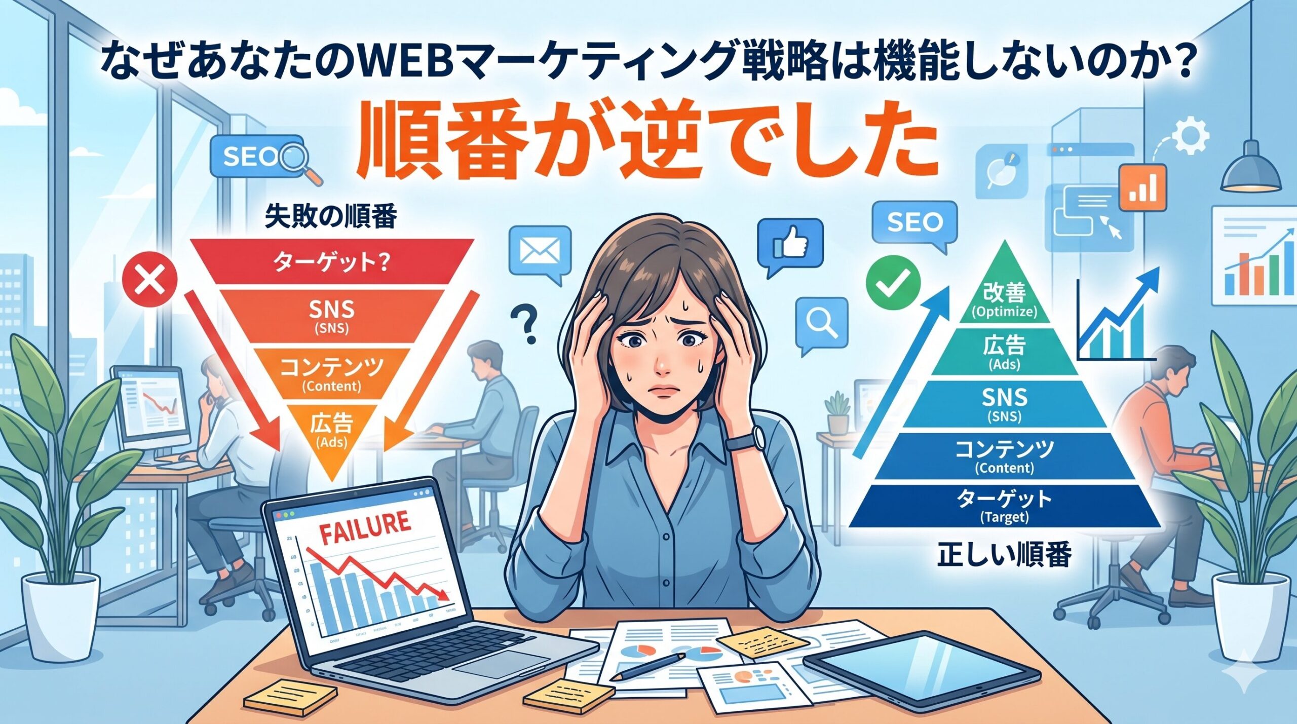 「なぜあなたのWEBマーケティング戦略は機能しないのか？順番が逆でした」のテキストと、失敗する逆三角形の構造と正しいピラミッド型の構造の図解を前に、頭を抱えて悩む女性のイラスト