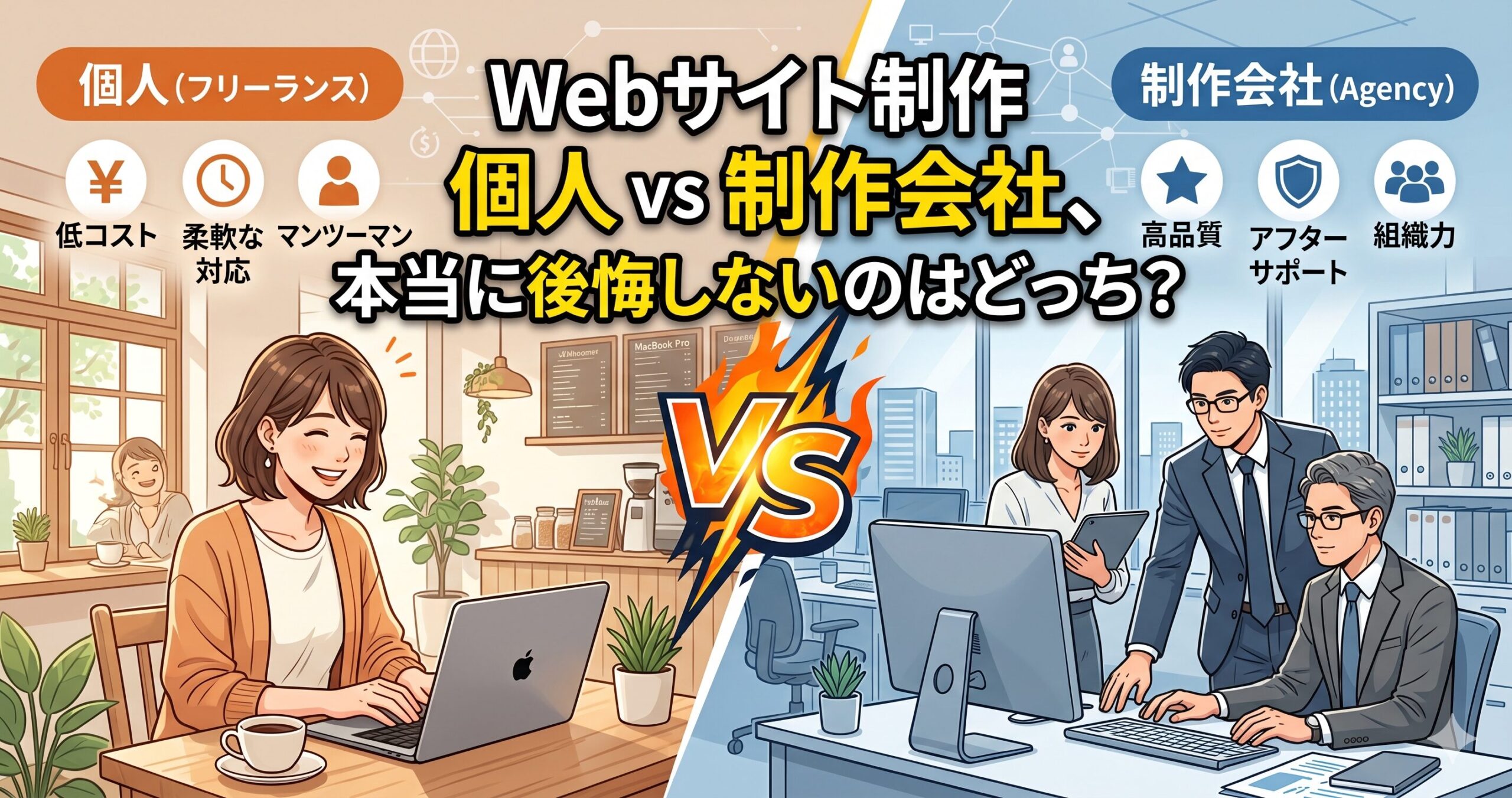 Webサイト制作の依頼先として「個人（フリーランス）」と「制作会社」を比較するアイキャッチ画像