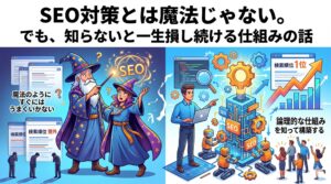 「SEO対策とは魔法じゃない。でも、知らないと一生損し続ける仕組みの話」というテキストが配置されたアイキャッチ画像。左側にはSEOを魔法のようにすぐ結果が出るものと勘違いして失敗する様子、右側には論理的な仕組みを構築して検索順位1位を獲得する様子が対比して描かれています。