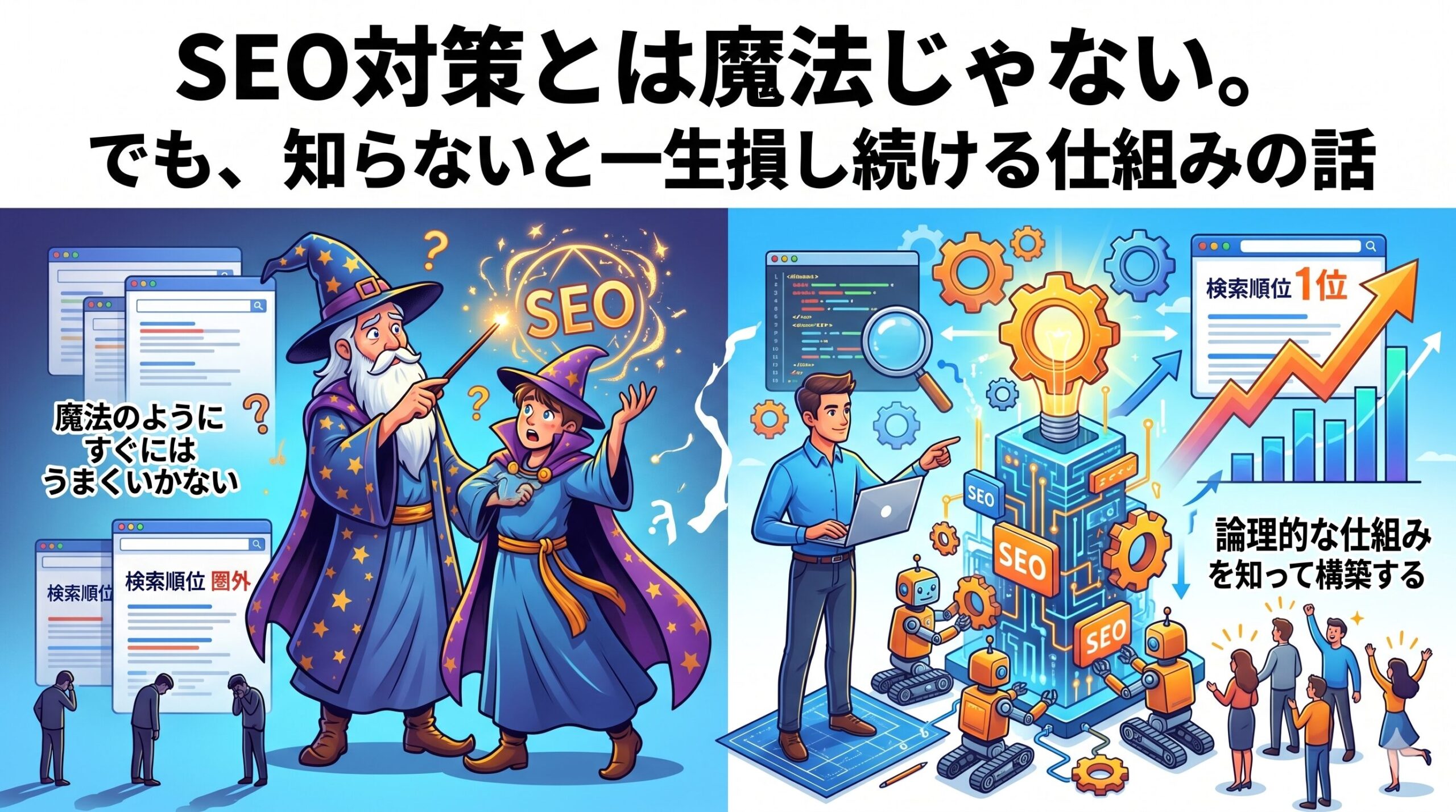 「SEO対策とは魔法じゃない。でも、知らないと一生損し続ける仕組みの話」というテキストが配置されたアイキャッチ画像。左側にはSEOを魔法のようにすぐ結果が出るものと勘違いして失敗する様子、右側には論理的な仕組みを構築して検索順位1位を獲得する様子が対比して描かれています。