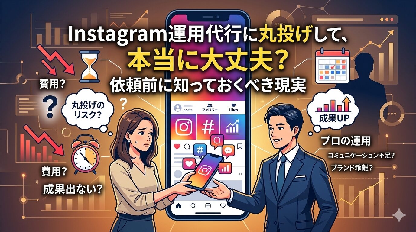 中央にInstagram画面の巨大スマホがあり、困惑する女性と自信満々の男性が向き合うイラスト。「Instagram運用代行に丸投げして、本当に大丈夫？ 依頼前に知っておくべき現実」という大きなテキストと、周囲に「丸投げのリスク？」「成果UP」などのアイコンが描かれているアイキャッチ画像。