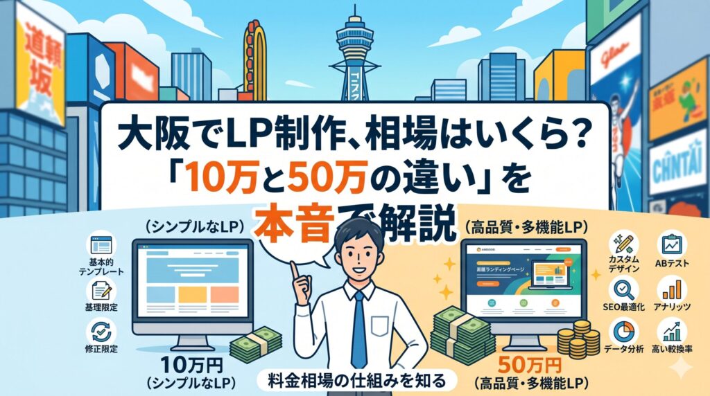 大阪でLP制作、相場はいくら？「10万と50万の違い」を本音で解説するブログ記事のアイキャッチ画像。10万円のシンプルなLPと50万円の高品質・多機能LPのサービス内容の違いを図解で比較しています。