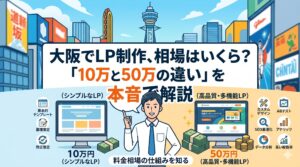 大阪でLP制作、相場はいくら？「10万と50万の違い」を本音で解説するブログ記事のアイキャッチ画像。10万円のシンプルなLPと50万円の高品質・多機能LPのサービス内容の違いを図解で比較しています。