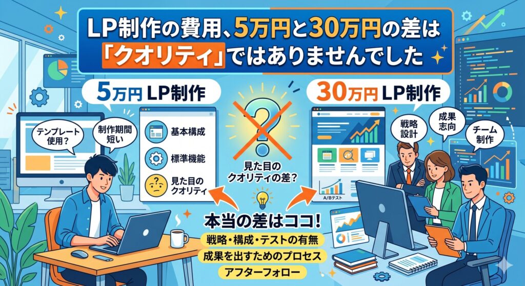 5万円と30万円のLP制作を比較したイラストさり。左側は1人でのテンプレート制作、右側はチームによる戦略的制作を描き、価格差の本当の理由がデザインのクオリティではなく戦略やテストの有無にあることを示しています。