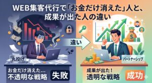 WEB集客代行における失敗（丸投げ・不透明な戦略）と成功（パートナーシップ・透明な戦略）の違いを左右で比較したアイキャッチ画像