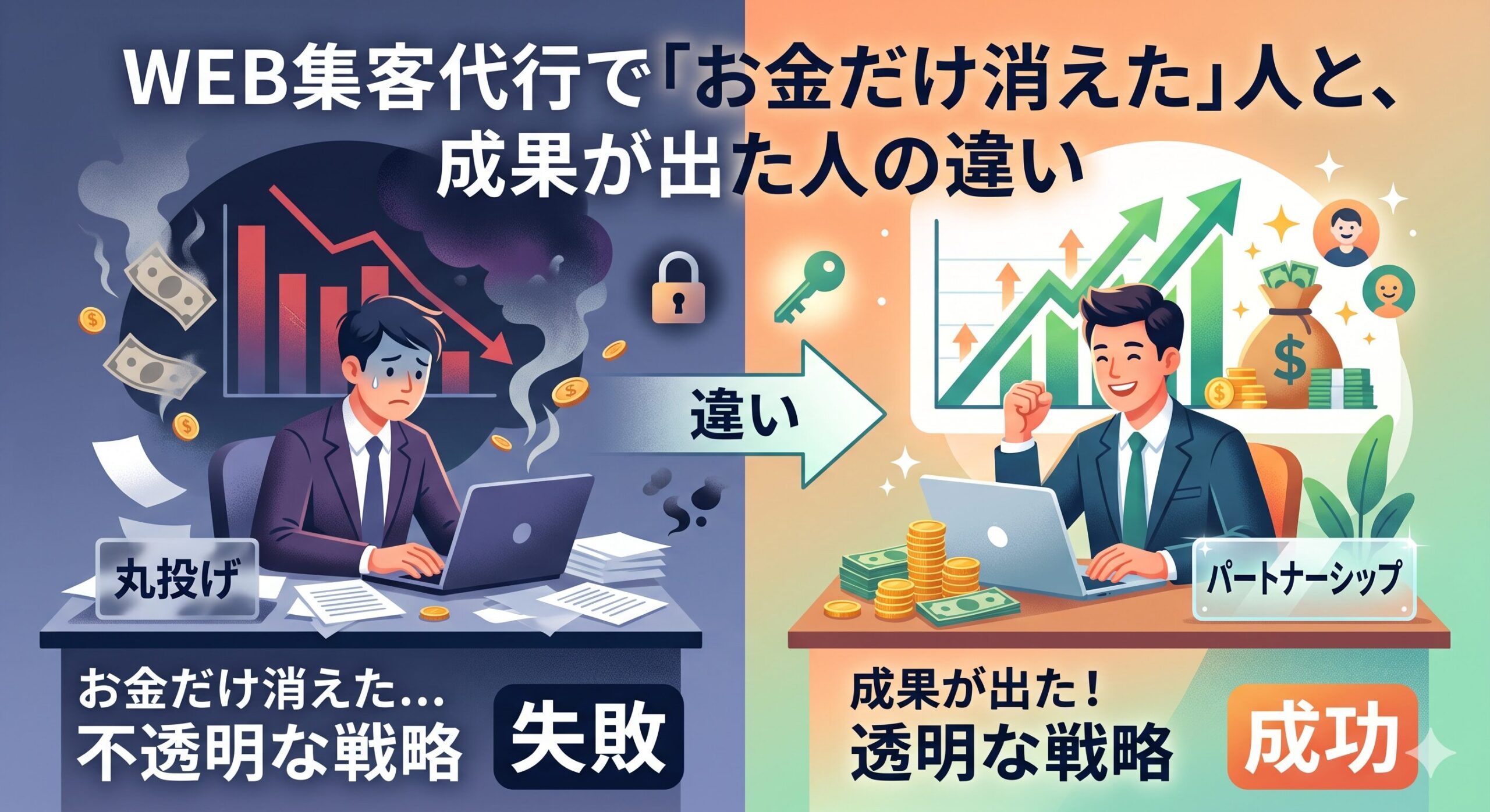 WEB集客代行における失敗（丸投げ・不透明な戦略）と成功（パートナーシップ・透明な戦略）の違いを左右で比較したアイキャッチ画像