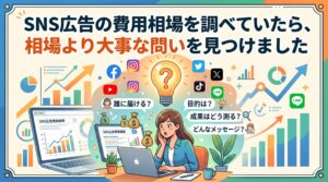 「SNS広告の費用相場を調べていたら、相場より大事な問いを見つけました」というタイトル文字と、パソコンで調べ物をしながら「誰に届ける？」「目的は？」「成果はどう測る？」「どんなメッセージ？」という本質的な問いに気づき、ハッとする女性のイラスト。周囲には各種SNSアイコンやグラフが描かれています。