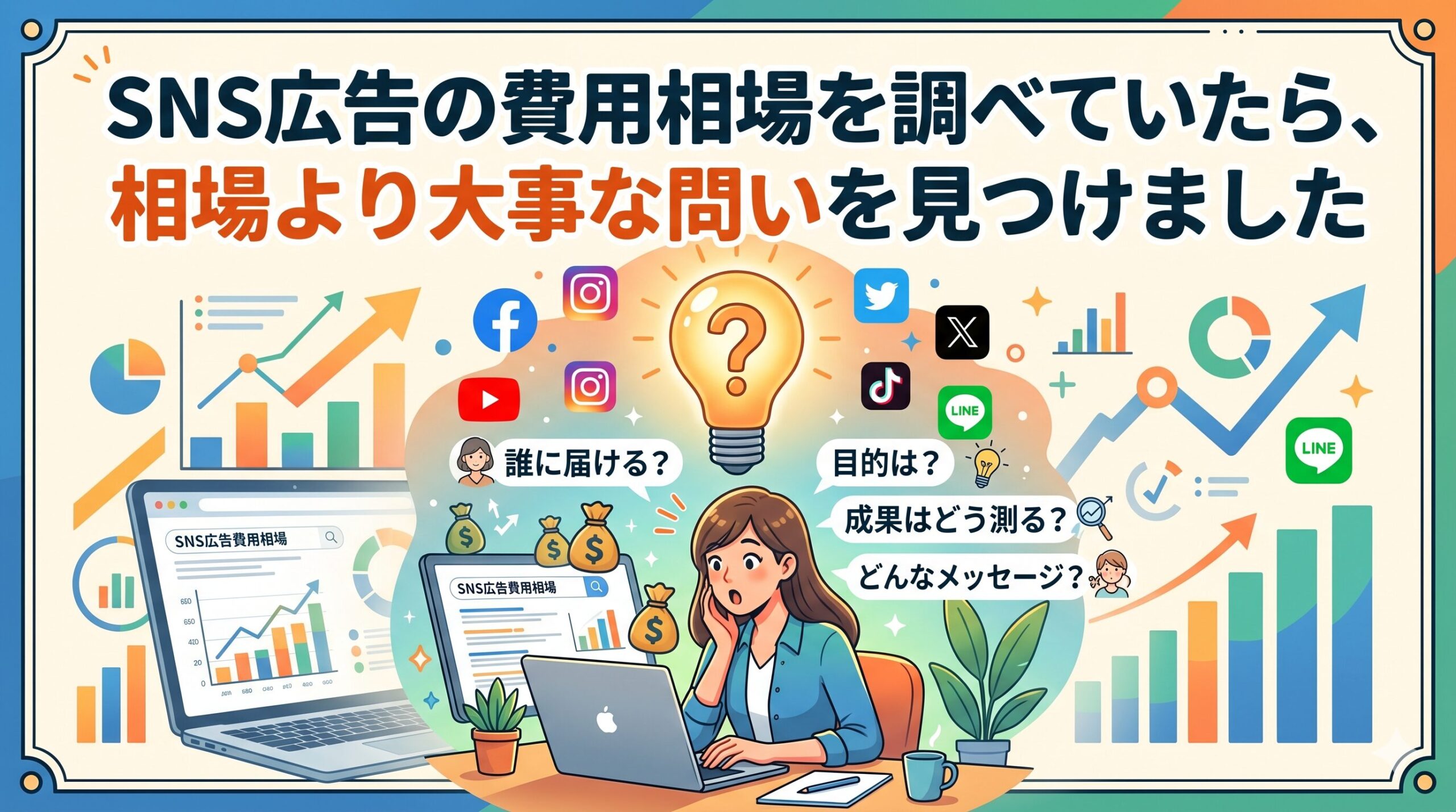 「SNS広告の費用相場を調べていたら、相場より大事な問いを見つけました」というタイトル文字と、パソコンで調べ物をしながら「誰に届ける？」「目的は？」「成果はどう測る？」「どんなメッセージ？」という本質的な問いに気づき、ハッとする女性のイラスト。周囲には各種SNSアイコンやグラフが描かれています。