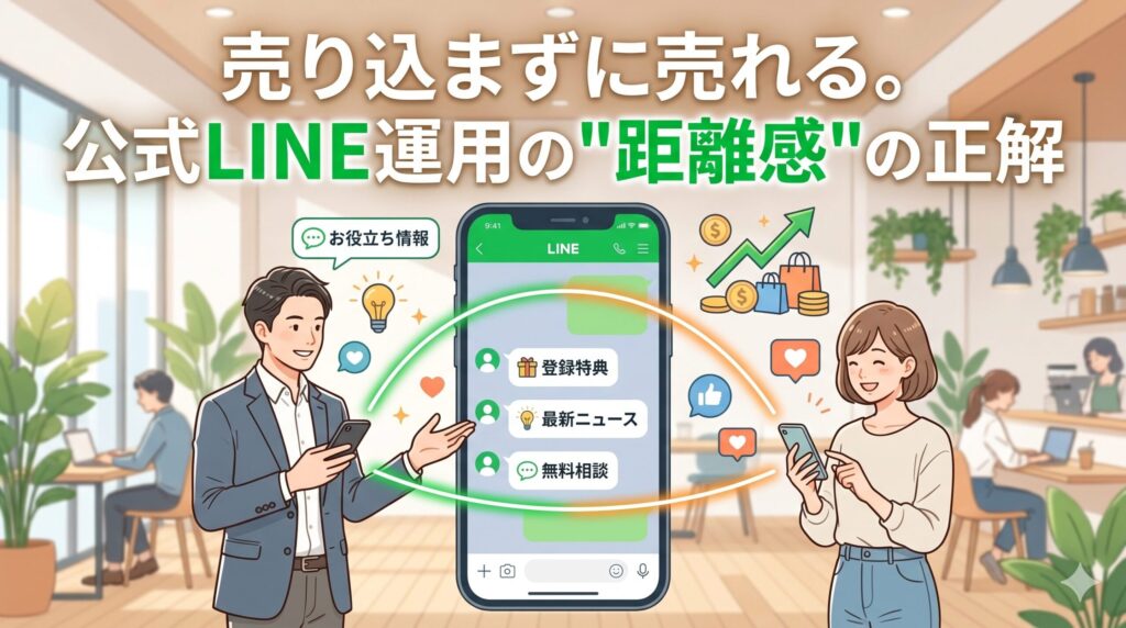 「売り込まずに売れる。公式LINE運用の"距離感"の正解」というテキストと、スマートフォンのトーク画面を通じて良好な関係を築く男女を描いたイラスト