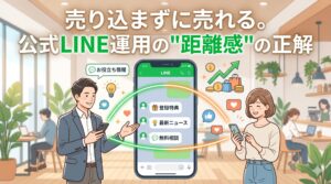 「売り込まずに売れる。公式LINE運用の"距離感"の正解」というテキストと、スマートフォンのトーク画面を通じて良好な関係を築く男女を描いたイラスト