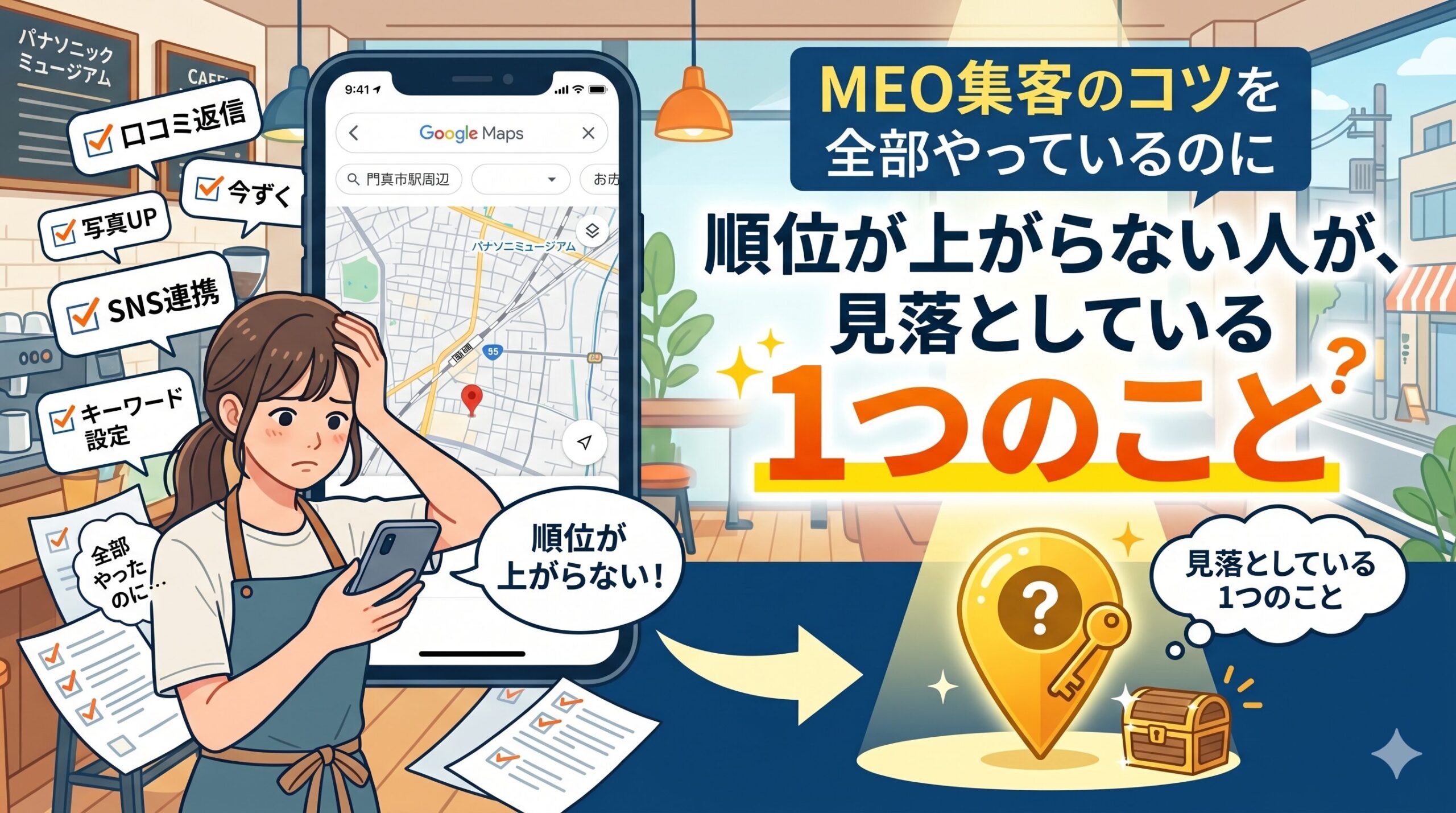 MEOの基本的な対策（口コミ返信、写真UP、SNS連携など）をすべて行っているのに順位が上がらず悩む女性スタッフと、見落としている「1つの重要な鍵」を示す光るマップピンと宝箱のイラストですさり。背景のスマートフォンの地図には門真市駅周辺が表示されています。