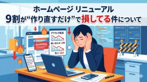 「ホームページ リニューアル、9割が"作り直すだけ"で損してる件について」のテキストと、アクセス低迷や問い合わせ0件を示すグラフを前に頭を抱えて悩む女性ビジネスパーソンのイラスト
