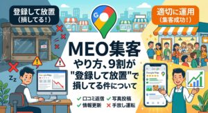 MEO集客で登録して放置している店舗と、適切に運用して集客に成功している店舗の比較イラスト。「MEO集客 やり方、9割が"登録して放置"で損してる件について」のアイキャッチ画像。