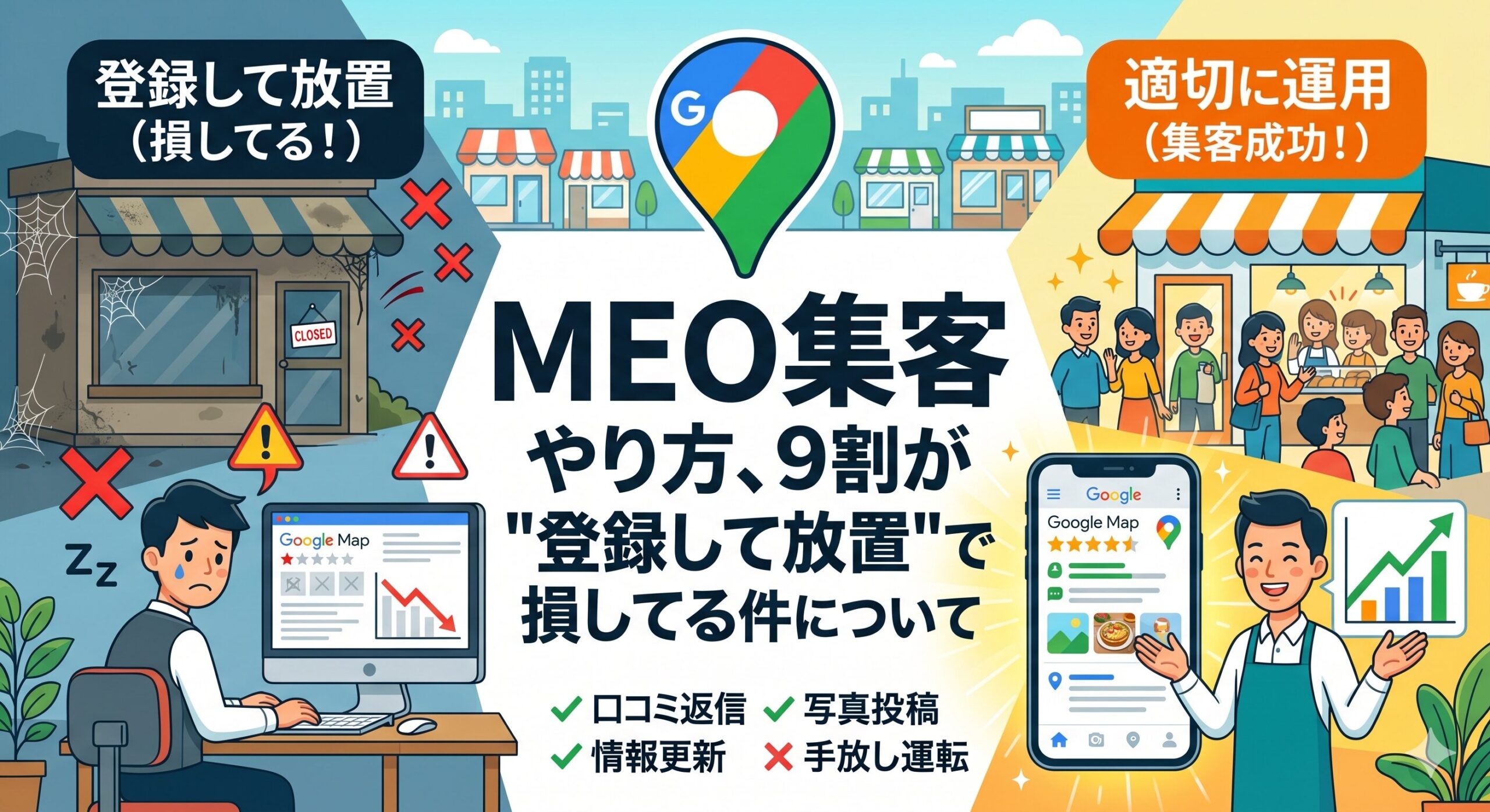MEO集客で登録して放置している店舗と、適切に運用して集客に成功している店舗の比較イラスト。「MEO集客 やり方、9割が"登録して放置"で損してる件について」のアイキャッチ画像。